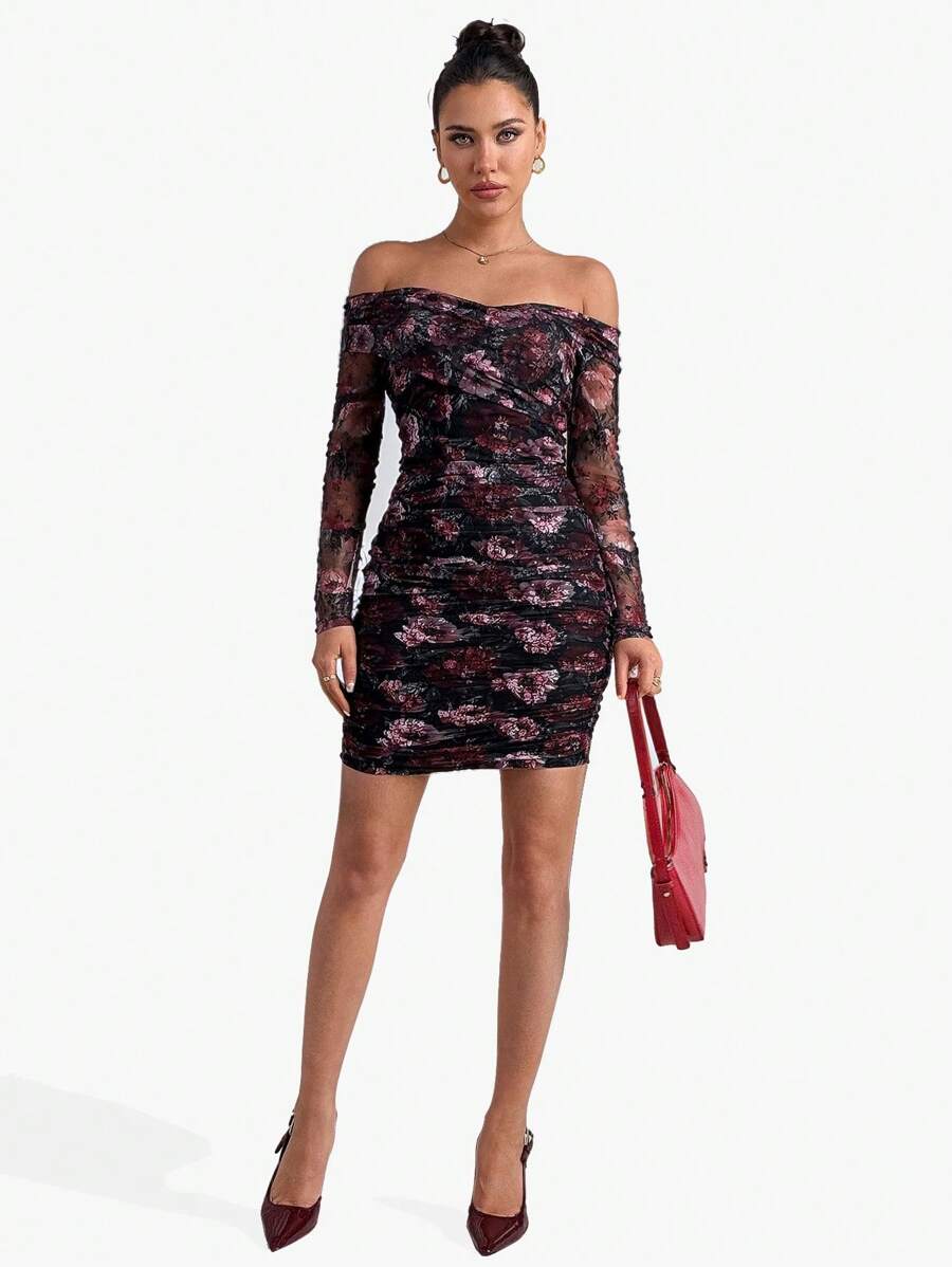 SHEIN Clasi 1pc Women Rose Print Ruched Off-Shoulder Fitted Mesh Overlay Dress,Valentines Clothes,Red Dresses Classy Elegant