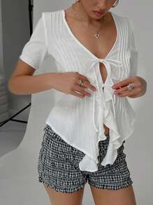 SHEIN Essnce 女士前系带荷叶边不对称下摆衬衫，皱纹纹理 100% 纯棉衬衫，白色 - 白色 - 查看 3