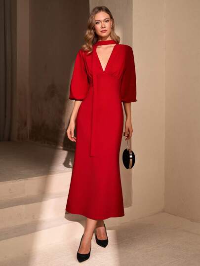 CLARA VERO Women Solid Color Long Sleeve With Shawl Detailed Dress