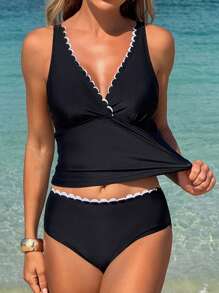 SHEIN Swim Springbreak 2st/set Dammode Enfärgad skaltrim V-hals Tjock rem Topp och hög midja badshorts Elegant Tankini badkläder Set - Svart - Visa 4