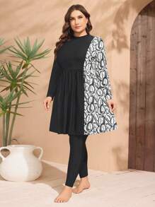 Swim Mulvari 2pcs/Set Plus Size Modest Printed Long Sleeve Round Neck Top And Long Pants Swimwear, Figure Flattering, Suitable For Summer Beach Vacation - Black and White - View 4