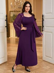 Modelyn Plus Size Lace Patchwork Long Sleeve Elegant Dress - Purple - View 6