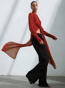 Aveloria Modichic Elegant Luxury Design Retro Rust Red Lady Shirt V-Neck Ruffle Hem Long Fishtail Waist Ruched Chiffon Semi-Sheer Blouse - Red - View 3