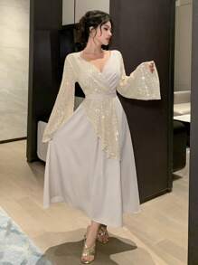 DAZY 女士撞色喇叭袖串珠金属元素连衣裙，情人节礼物，秋季长袖连衣裙，奢华舞会礼服，亮片嘉年华闪亮连衣裙，长款连衣裙 - 杏色 - 查看 10