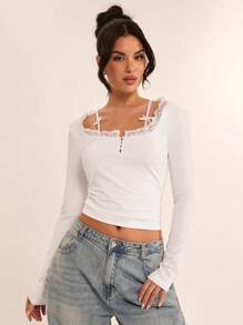 SHEIN BAE 女士白色纯色蕾丝拼布无袖蝴蝶结装饰甜美浪漫针织长袖 T 恤，适合春季、夏季、情人节、派对、约会之夜、伴娘、休闲装、生日 - 白色 - 查看 6