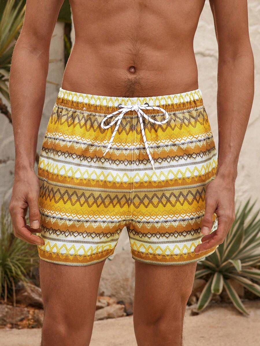 Manfinity Men's Wavy Striped Print Drawstring Waist Beach Shorts - Multicolor - View 1