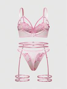 ROMWE Kawaii 3 pezzi/set Reggiseno con imbottitura e slip con ricamo floreale sexy, taglie forti, primavera