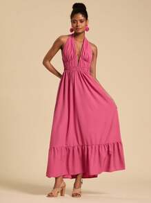Travachic Vestido largo sin mangas para mujer, de unicolor, cuello halter, casual y de moda, para uso diario