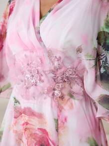 Modelyn Vestido lujoso con estampado floral de gasa fluida, parches y cinturón de cintura, que estiliza y rejuvenece, elegante