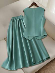 xheGlowEve Conjunto de top sin mangas de cuello en V con cintura ceñida y falda larga de línea A de unicolor, elegante y de moda para uso casual y viajesxhe - Verde - Ver 2