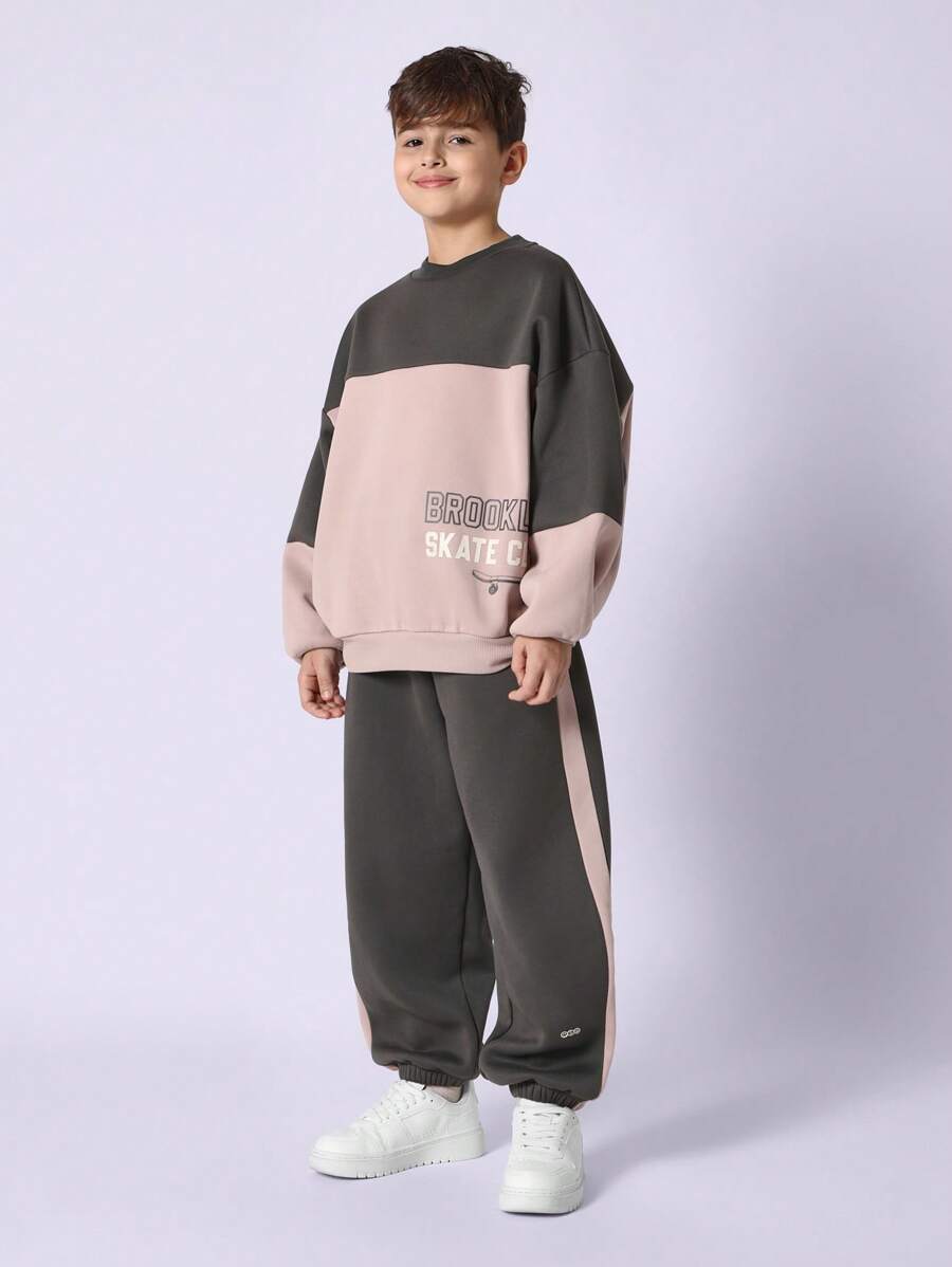 SUMWON 布鲁克林滑板俱乐部青年两件套运动套装超大运动衫慢跑裤冬季街头运动休闲舒适运动滑板服 - 灰色 - 查看 1