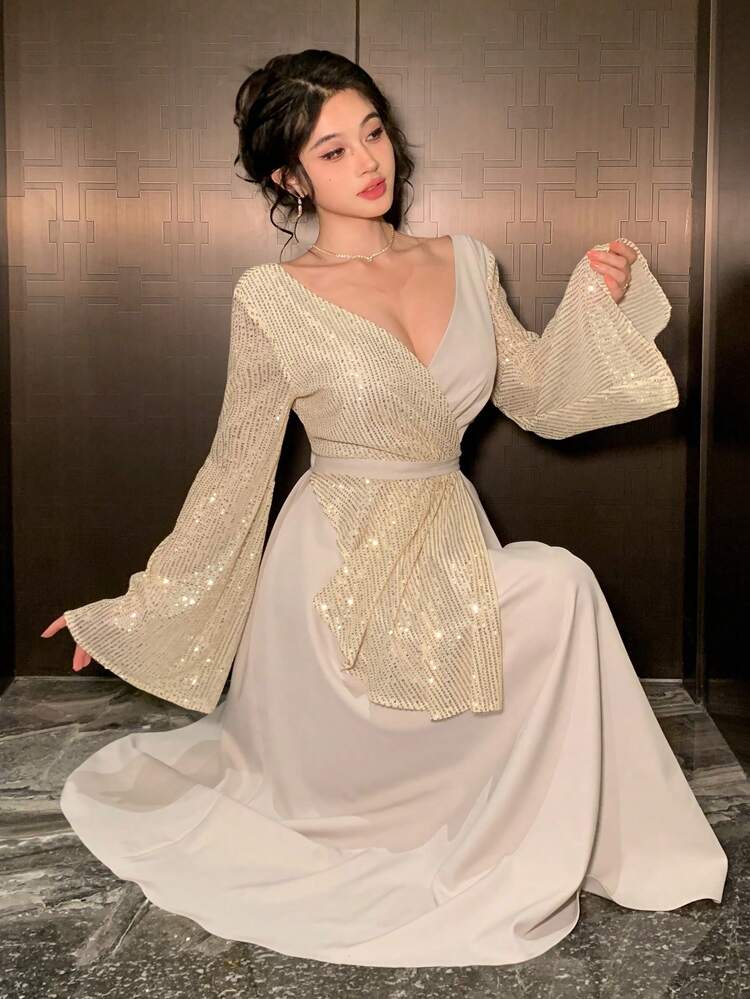 Women's Contrast Color Flare Sleeve Beaded Metallic Element Dress, Gift For Valentine's Day, Fall Dress Long Sleeve Dress Luxury Prom Dress Sequin Carnival Sparkly Dress Maxi Dress