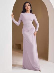 Veilorie Vestido ajustado de manga larga con cuello redondo y drapeado en color liso para mujer