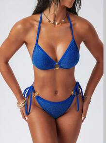 Swim EVENT Sexy Women's Bikini Set, Metal Ring Decor Knitted Metallic Fabric, Fashionable Halter Neck Tie Two Pieces Swimwear, Summer Casual Beach Wear - Royal Blue - View 5