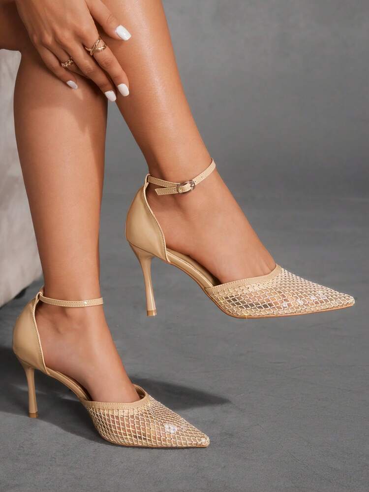 CUCCOO SZL Women's Pointed Toe Rhinestone Mesh High Heel Pumps, Sexy & Elegant Crystal Mesh Ladies High Heel Party Shoes