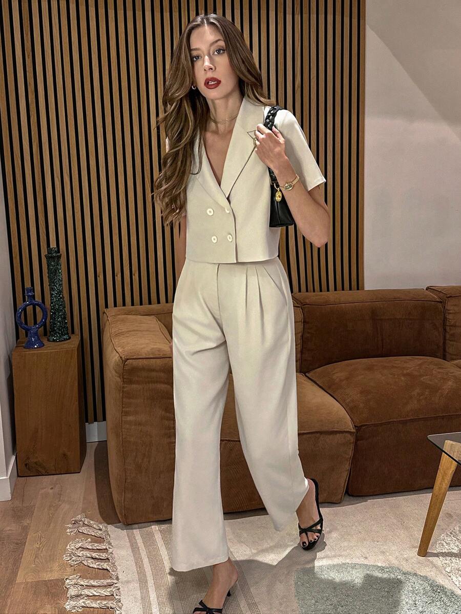 SHEIN PariChic 2 piezas Conjunto informal de mujer con diseño de fruncido y lazo en la cintura para ir y venir - Albaricoque - Ver 1