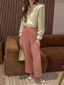 Chiquease 女士舒适棉质休闲裤，适合户外、度假，卷边下摆和侧纽扣设计，春夏 - 珊瑚粉 - 查看 4