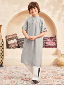 SHEIN 2pcs Tween Boy Set: Loose Casual Stand Collar Short Sleeve Long Shirt & Long Pants - Apricot - View 6