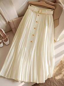 SHEIN Clasi Pleated Waist Metal Buckle Decor Solid Color Casual Work Skirt For Women Fall Cloth For Women