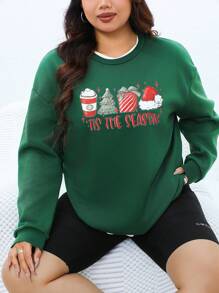 SHEIN LUNE Plus Size Christmas Themed Print Crew Neck Long Sleeve Sweatshirt - Dark Green - View 6