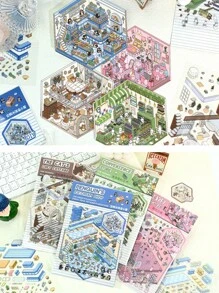 4片装DIY立体风景贴纸贴画小众减压趣味手账贴纸 - 彩色 - 查看 13