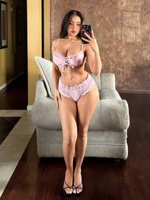 Swim Mod Women's Solid Color Eyelet Embroidery Bikini Set, For Summer Beach Holiday Holiday Light Pink - Pink - View 3