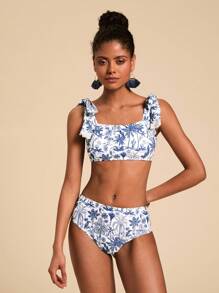 Travachic Coconut Tree Print Swimwear Bikini Set, For Vacation & Summer Beach - Blue and White - View 4