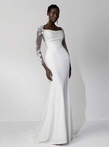 SHEIN Belle Elegant Luxury Embroidered Lace Applique Sheer Long Sleeve Sexy Backless Elastic Ruched Fishtail Maxi Dress With Detachable Train, Suitable For Weddings, Events, Parties, Honeymoons, Bridal,Bride - Beige - View 6