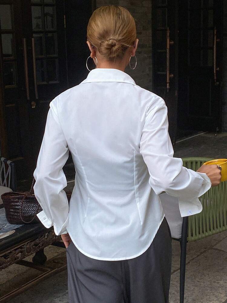 Women's Solid Color Slim Fit Cinched Waist Long Sleeve Casual Vintage Elegant Summer Blouse Preppy Tops