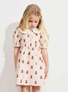 SHEIN Young Girls Embroidery Collar Cute Yellow Bear Print Lantern Sleeve Loose Hem Dresses, Vacation Style - Yellow - View 4