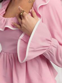 COSMINA Women's Elegant Pink And White Ruffled Collar Blouse, Suitable For Spring And Summer - Pink - View 6