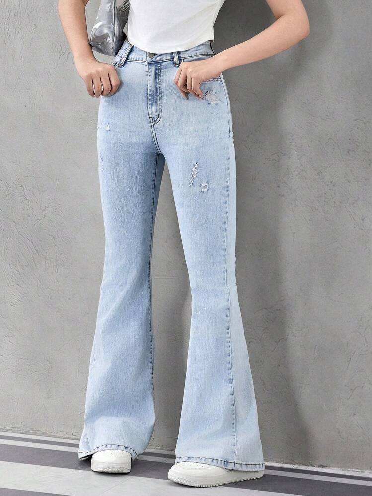 SHEIN Elladie kids Teen Girl Casual Fashion Simple Design Washed Light Blue Flared Jeans Summer Holiday - Light Wash - View 4