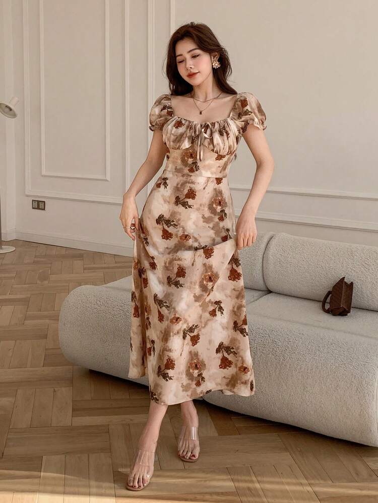 Women's Floral Print Short Sleeve Summer Dress, Valentine's Day Gift Sundress Vacation Outfits Women Maxi Dress Boho