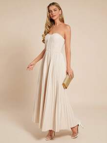 Amorya 女士优雅浪漫垂褶 A 字形连衣裙 - 杏色 - 查看 5