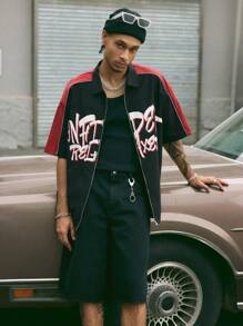 Manfinity RebelGame Men's Loose Woven Short Sleeve Shirt With English Letters Print - Black - View 4