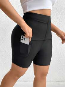 SHEIN Essnce Plus Size Women's Pinched Leggings, Black Leggings With Pockets, Quarter Pants,Summer,High-Waisted Leggings - Black - View 4