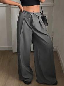 DAZY Women Plain Pleated Wide Leg Pants With Belt, Casual Commute Summer Trousers Business Attire - Grey - View 3