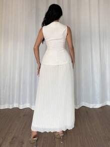 Chiquease 法式优雅成熟合身单排扣背心和百褶中裙百搭套装 - 杏色 - 查看 5