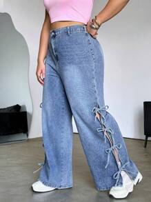 SHEIN MOD Jeans anchos de pierna ancha y sueltos de talla grande con lazo en la cintura, jeans con lazo, pantalones de jeans para mujeres, pantalones holgados para mujeres, azul - Lavado ligero - Ver 4