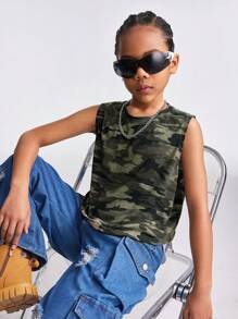 SHEIN Tween Girls Spring/Summer Camo Print Crop Tank Top For Kids - Army Green - View 1