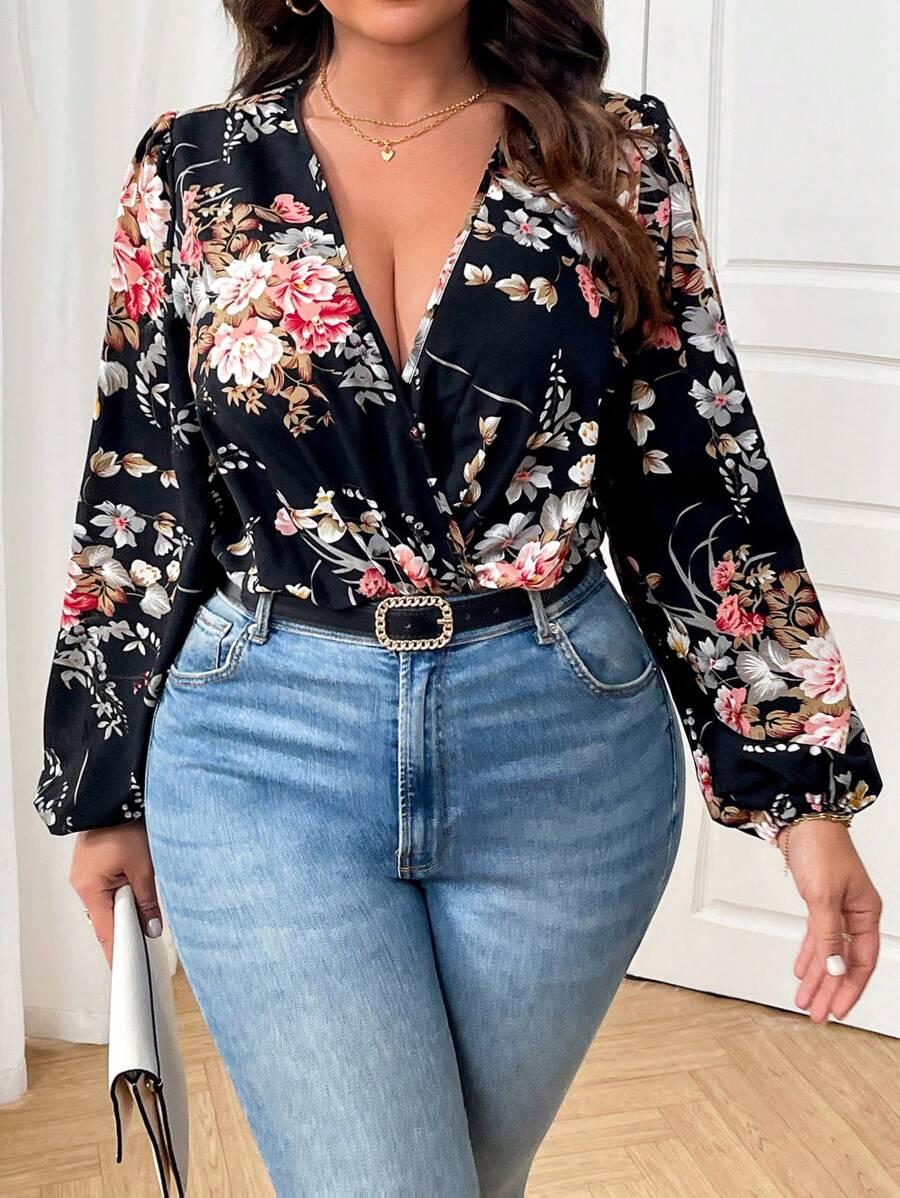 Rometta Plus Size Women V-Neck Criss-Cross Long Sleeve Bodysuit Fall Cloth For Women