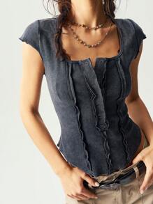 Bohemela Camiseta casual de mujer de unicolor, de cuello cuadrado, ajustada, con dobladillo asimétrico y manga corta lavada - Gris Oscuro - Ver 7