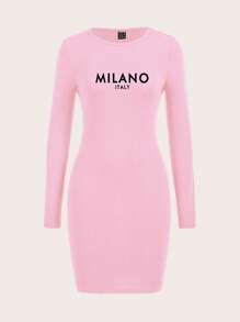 Slaydiva MILANO Women Casual Slogan Graphic Long Sleeve Bodycon Short Dress, Suitable For Spring/Summer,Pastel Dresses For Women Autumn And Winter Chic Dress - Pink - View 2