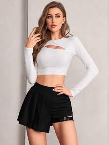 SHEIN PETITE 鉤扣紐細節不對稱褶皺夏季女裙 - 黑色 - 查看 5