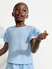 THE HAPPY LOOK Conjunto de 2 piezas para niñas jóvenes: blusa azul con volantes y falda de cintura elástica con patchwork