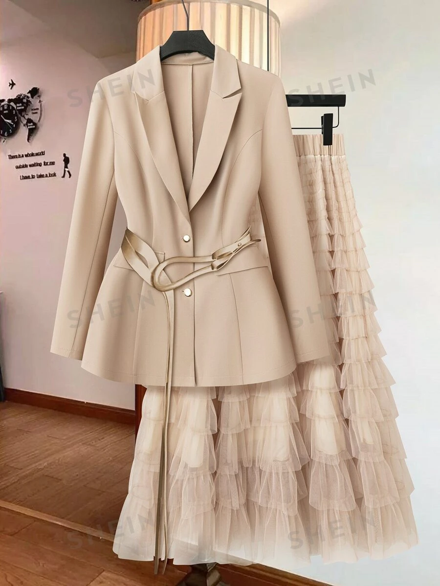 DreamSkyne Conjunto de 2 piezas para mujer de talla grande estilo de negocios: Falda de malla con volantes en línea A y chaqueta slim blazer, elegante y apropiado para la oficina, primavera/verano - Albaricoque - Ver 1