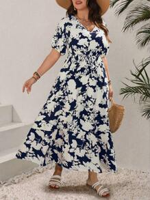 SHEIN Clasi Plus Size Women's Holiday Solid Color Floral Long V-Neck Dress - Multicolor - View 5