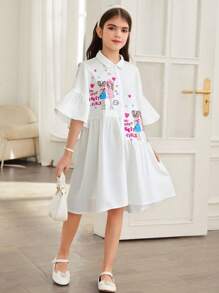 Young Girl Vacation Casual Fashion Woven Short Sleeve Shirt Dress - White - View 1