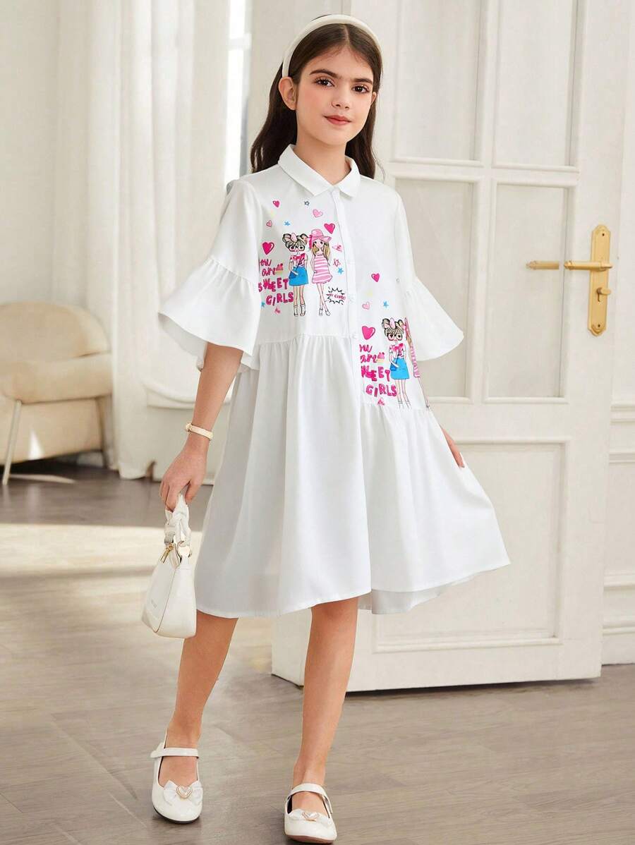Young Girl Vacation Casual Fashion Woven Short Sleeve Shirt Dress - White - View 1