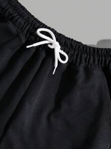 RueChic Men Cottonline Letter Printed Drawstring Regular Short - Black - View 4